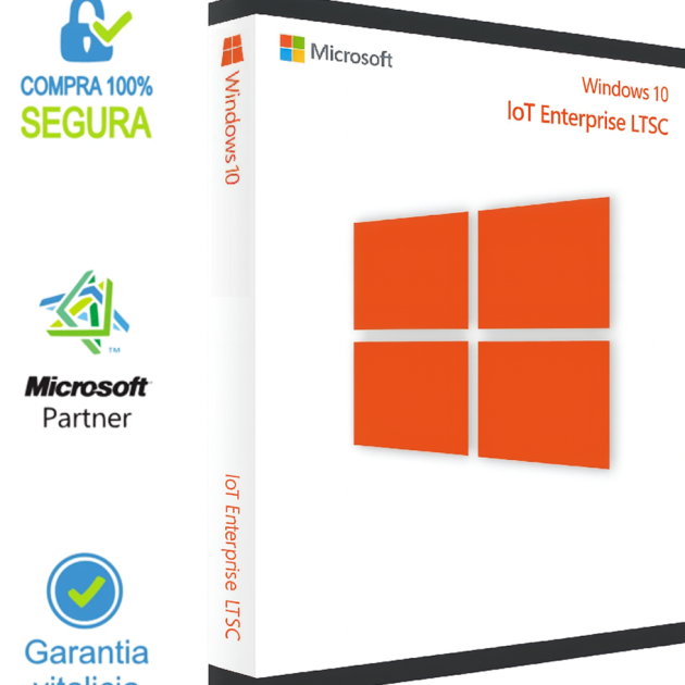 Windows 10 IoT Enterprise LTSC, con logotipo naranja, marca Microsoft y diseño vertical para licencias digitales empresariales
