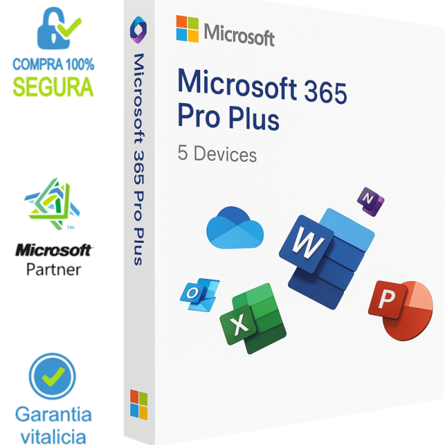 Imagen promocional de Office 365 Pro Plus con íconos de Word, Excel, PowerPoint y Outlook; destaca compatibilidad multiplataforma, activación inmediata y uso en hasta cinco dispositivos por un año.